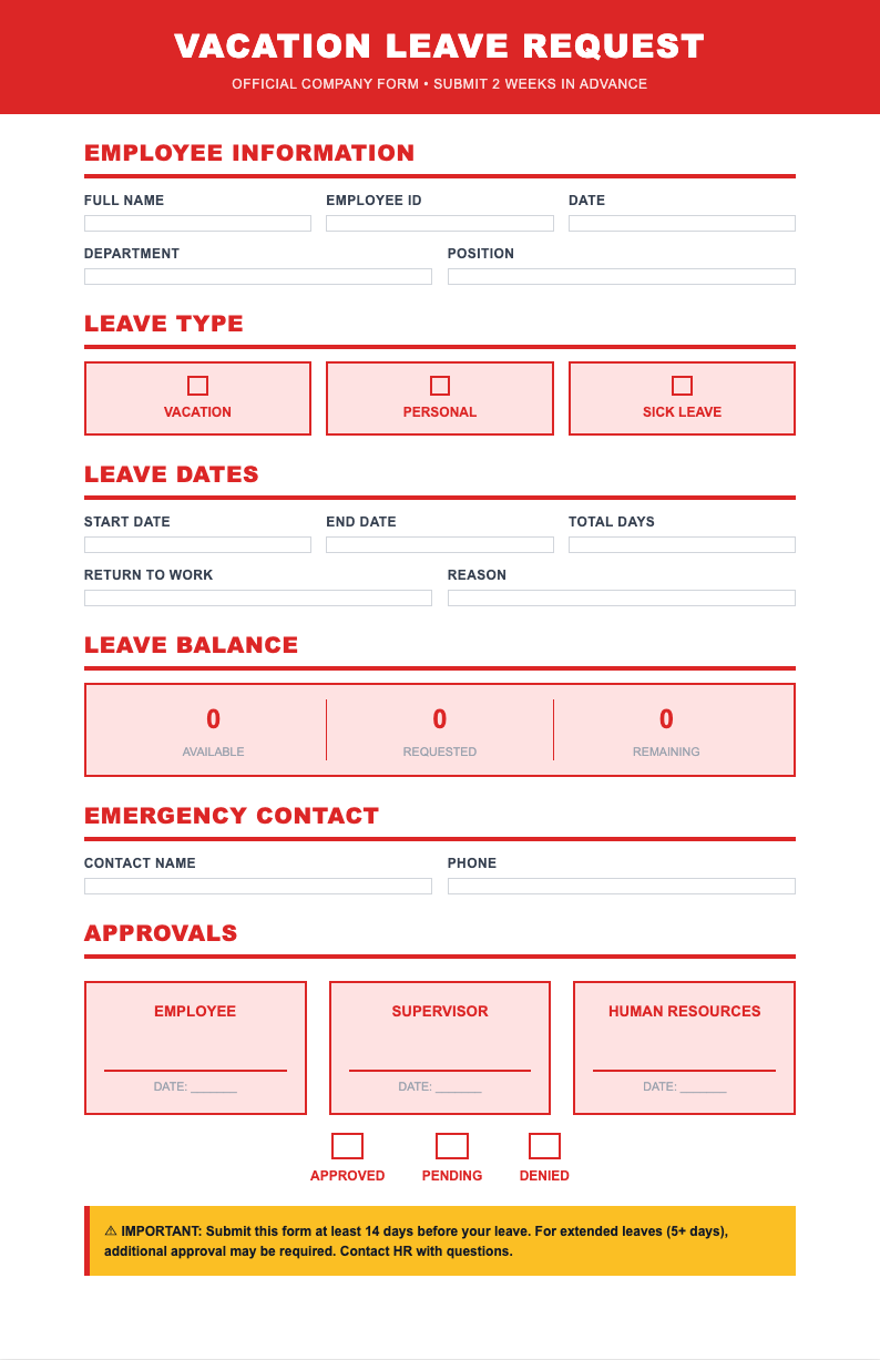 Bold modern vacation leave form